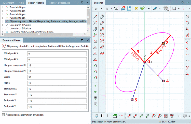 Ellipsensegment: Definition der Größe über Breite und Höhe