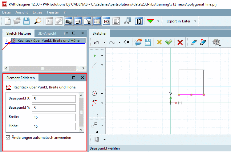 Dockingfenster "Werkzeug" (hier mit aktueller Beschriftung "Element editieren")