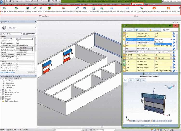 PARTsolutions-Menü in Revit, geöffnetes Seamless-Fenster mit Garagentor und im Gebäude platzierte Tore