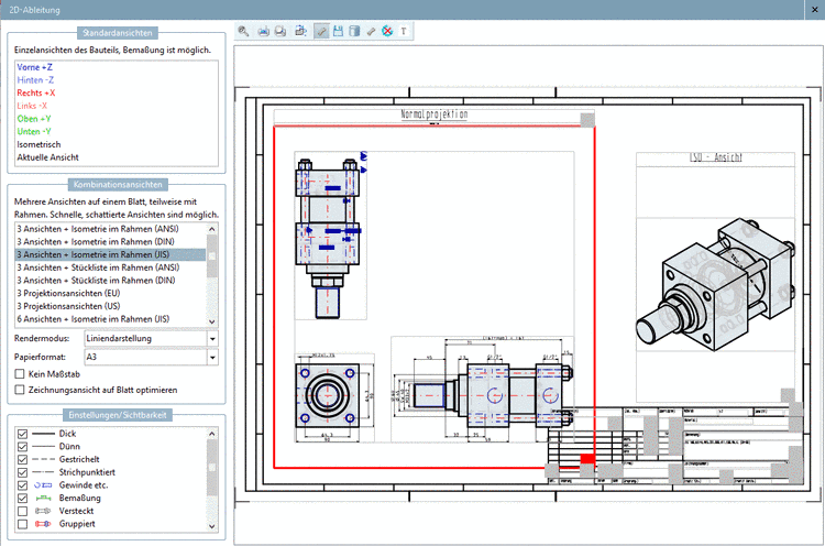 Beispiel: 3 Ansichten + Isometrie im Rahmen (JIS)