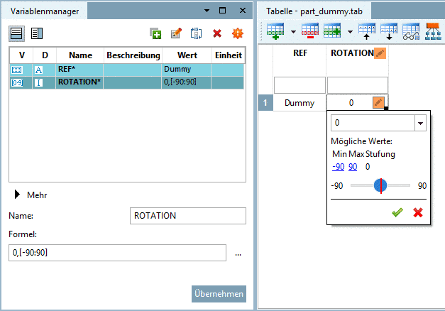 Variablenmanager: Definition der Rotation - Ausgangswert 0° und Wertebereich von -90° bis +90°