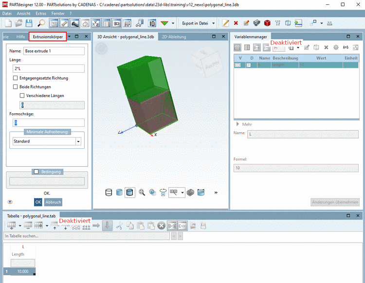 Dockingfenster "Werkzeuge" beispielhaft bei "Base extrude" / "Extrusionskörper"