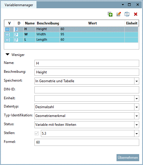 "L" im Variablenmanager: Jetzt als "Variable mit festen Werten"