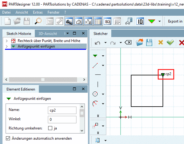 Anfügepunktname angezeigt