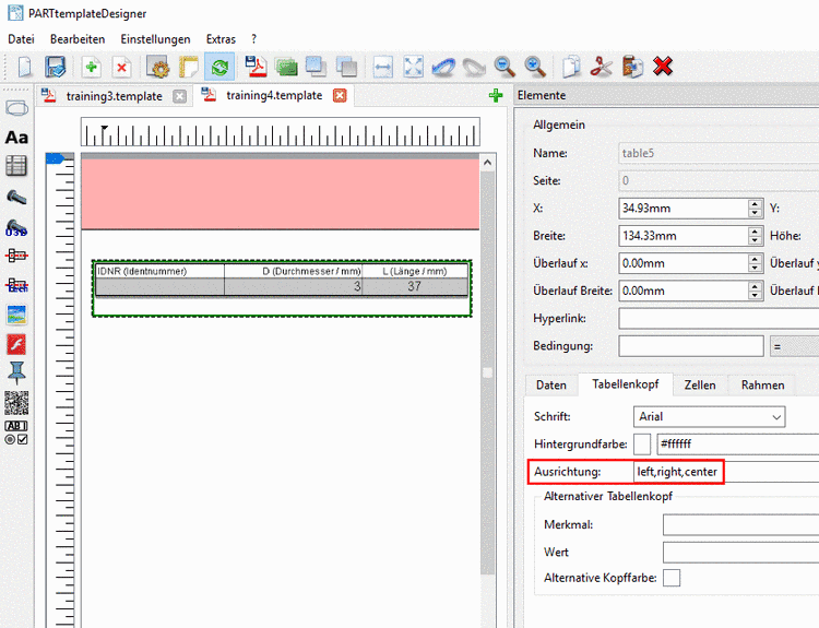 Hier im Beispiel wurde "left", "right" und "center" eingetragen.