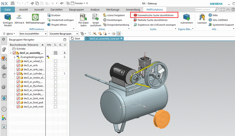 Aufruf "Geometrische Suche durchführen" beispielhaft in NX