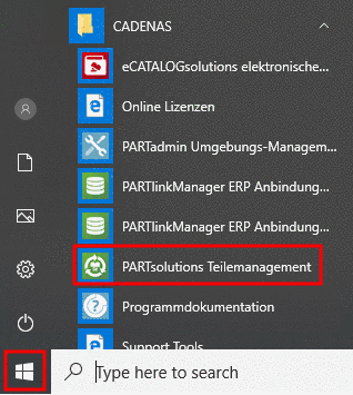 Windows Startmenü -> Verzeichnis CADENAS