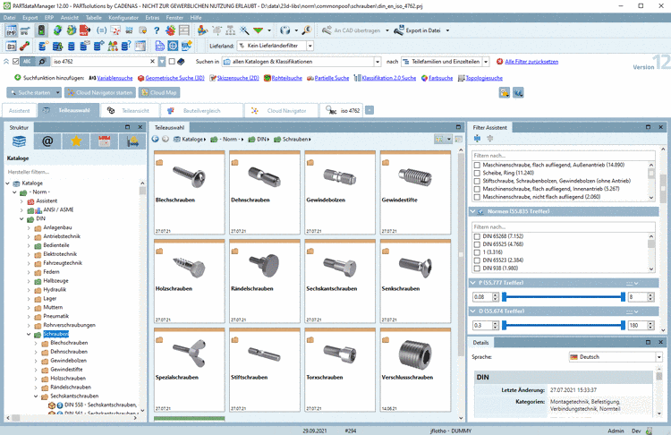 PARTdataManager mit Registerseite "Teileauswahl"