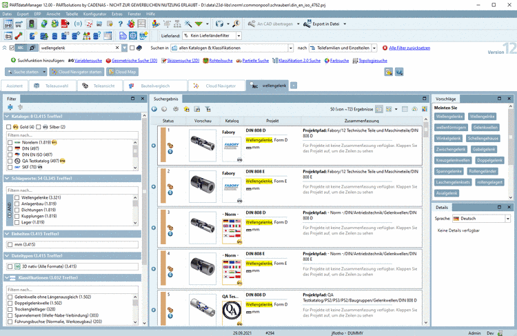 PARTdataManager mit Registerseite "Suchergebnisse"