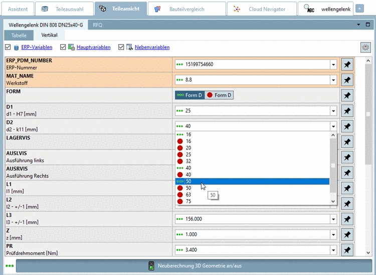 D2 wird per Listenfeldauswahl spezifiziert.