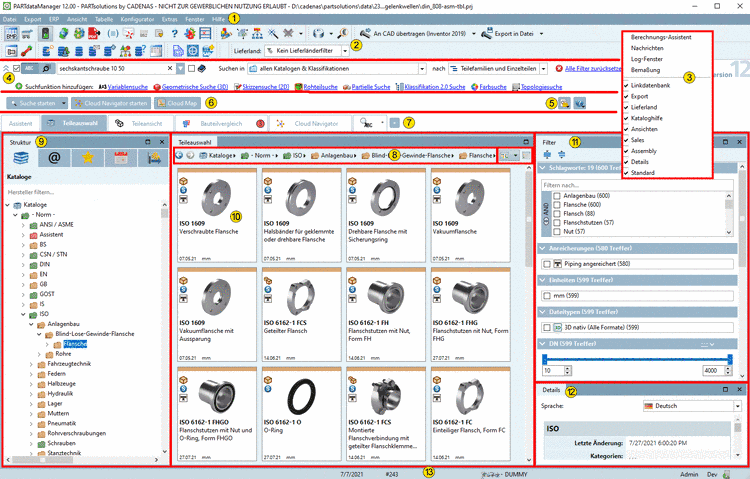 Teileauswahl: Startoberfläche PARTdataManager