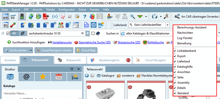 Teileauswahl: Dockings ein- und ausblenden