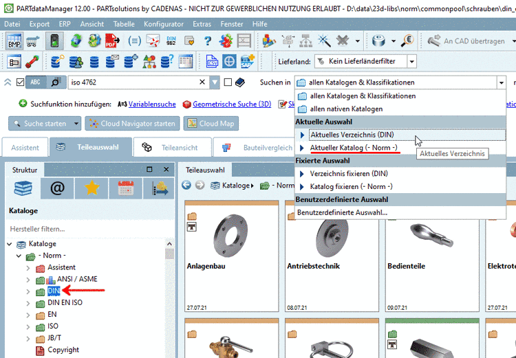 In dieser beispielhaften Abbildung würde bei einem Wechsel von DIN zu ISO im Indexbaum der Wert unter "Suchen in" unverändert auf "Norm" bleiben.