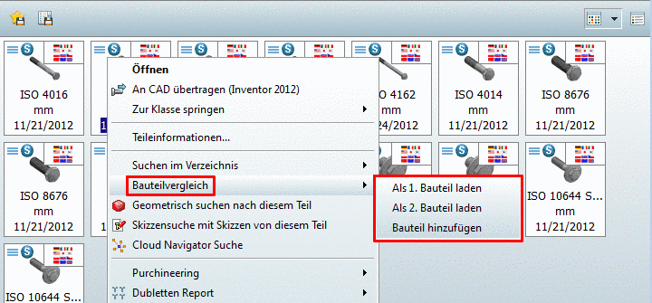Aufruf Bauteilvergleich aus Symbolansicht mittels Kontextmenü
