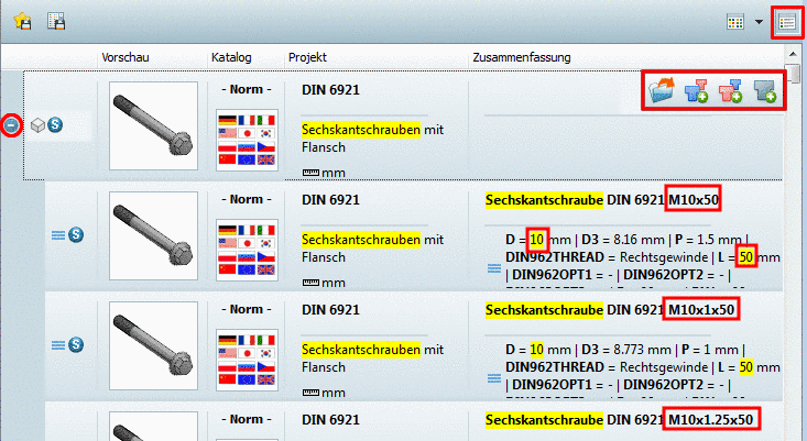Unterhalb der Teilefamilie werden die Ausprägungen angezeigt.
