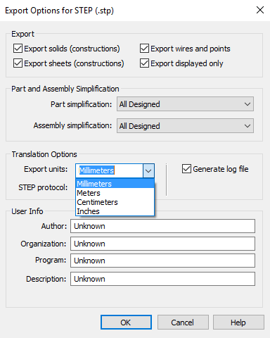 Solid Edge Einstellungsoptionen -> Export units