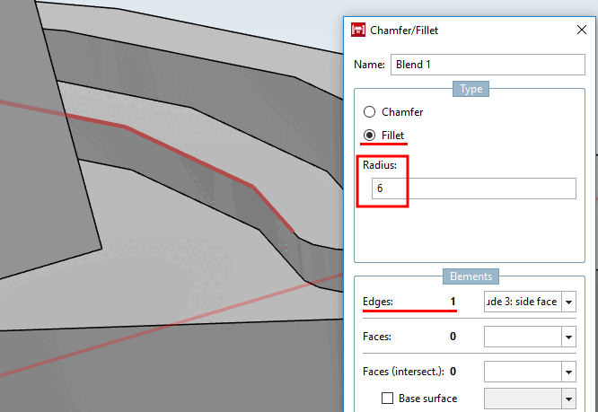 Kante selektiert und Radius 6 mm