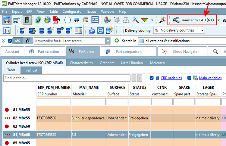 "An CAD übertragen... [Transfer to CAD...]" button in PARTdataManager