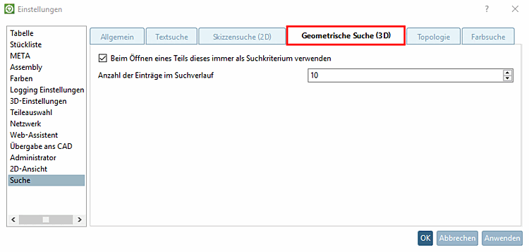 Registerseite "Geometrische Suche (3D) [Geometric search (3D)]"