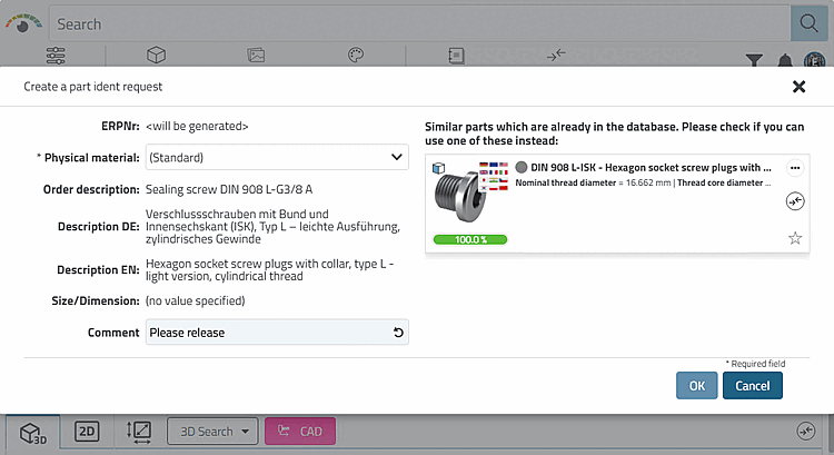 Wenn wie hier im Beispiel ähnliche Teile in der Datenbank gefunden werden, erscheint ein entsprechender Hinweis.