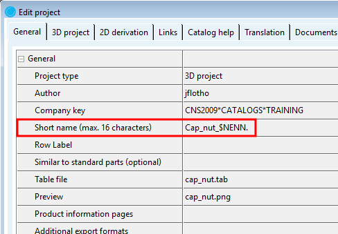 PARTproject -> Projekt bearbeiten [Edit project] -> Registerseite Allgemein [General] -> Kurzbezeichnung (max. 16 Zeichen) [Short name (max. 16 characters)]