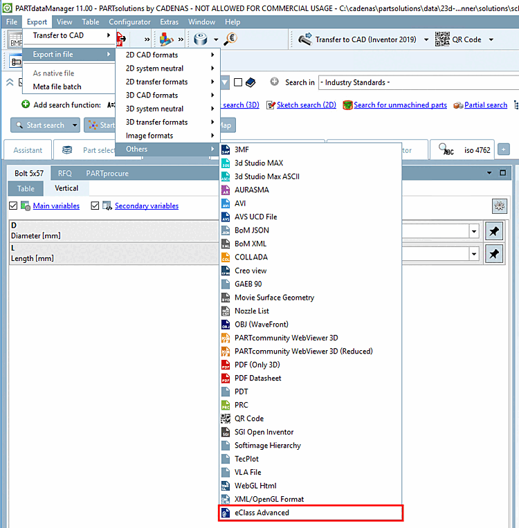 "Exportieren [Export]" Menü -> "Export in Datei [Export in file]" -> "Sonstige [Others]" -> "eClass Advanced"