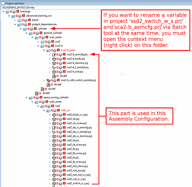 Beispiel: "ssd2_switch_w_s.prj" wird in "sca2-b_asmcfg.prj" verwendet. Erst das Verzeichnis "cylinder" ist beiden Projektdateien übergeordnet.