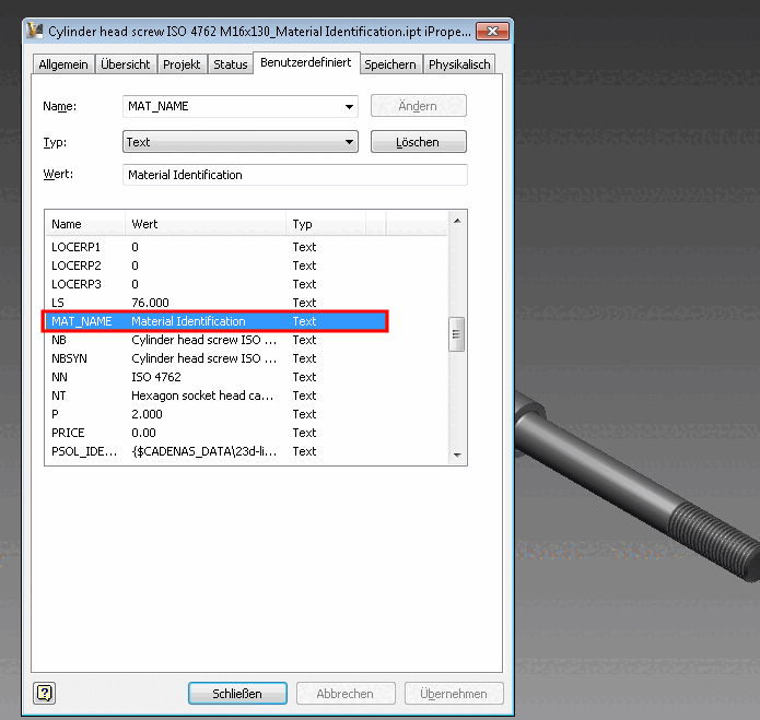 Inventor iProperties -> Registerseite "Benutzerdefiniert" -> MAT_NAME
