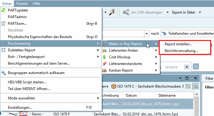 Untermenüs von "Report erstellen... [Create report...]" und "Berichtsverwaltung... [Report management...]"