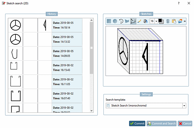 Skizzensuche (2D) [Sketch search (2D)] Dialogfenster