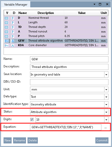 Gewinde - Merkmalalgorithmus