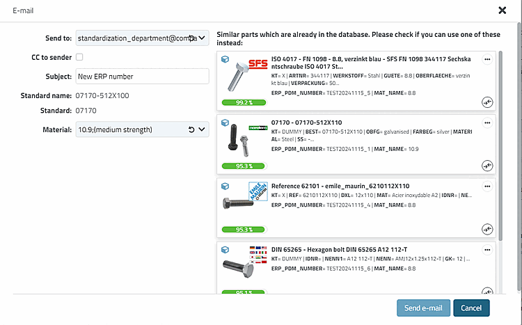 Ähnliche Teile, die sich bereits in der Datenbank befinden. Bitte prüfen Sie, ob Sie stattdessen eines dieser Teile verwenden können [Similar parts which are already in the database. Please check if you can use one of these instead]