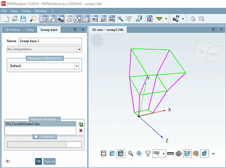 Dockingfenster "Basis Verlauf [Sweep base]" und 3D-Ansicht [3D view]