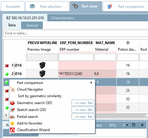 Teileansicht [Part view], Registerseite "Tabelle [Table]"