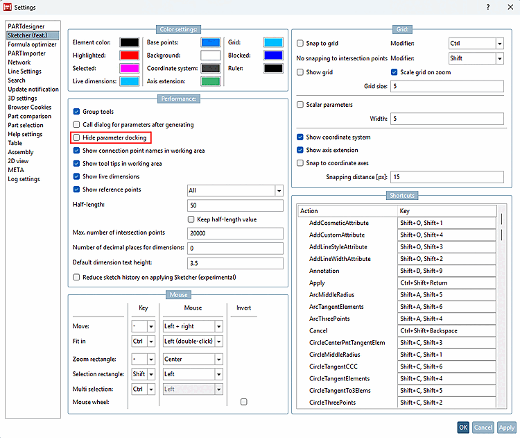PARTdesigner > Extras Menü > Einstellungen... [Settings...] > Sketcher (hist.) [Sketcher (feat.)] > Performance > Parameterdocking ausblenden [Hide parameter docking]