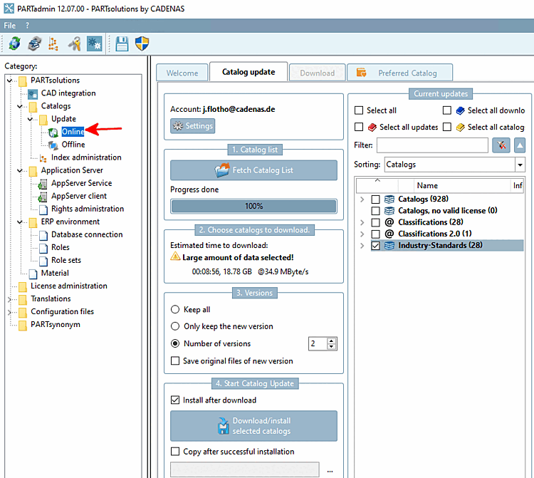 PARTadmin -> Kataloge [Catalogs] -> Aktualisierung [Update] -> Online
