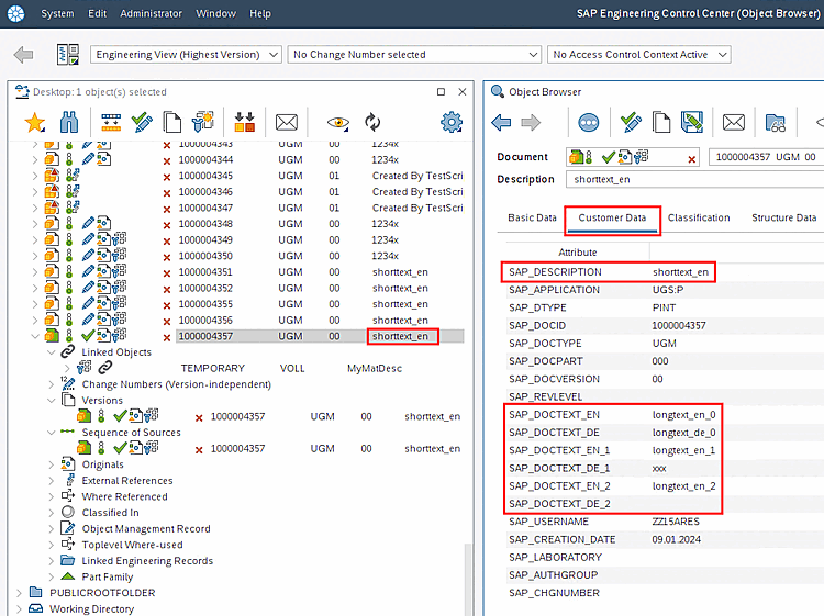 Anzeige in "Desktop" und "Object Browser" > "Customer Data" bzw. "Descriptions/Long Texts"