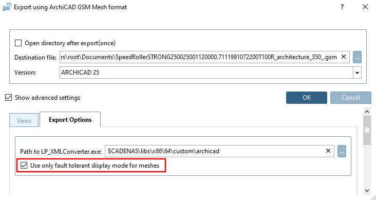 Exportoptionen [Export options] -> Option "Verwende nur die fehlertolerante Darstellung für Meshes [Use only fault tolerant display mode for meshes]"Verwende nur die fehlertolerante Darstellung für Meshesind Meshesfehlertolerant