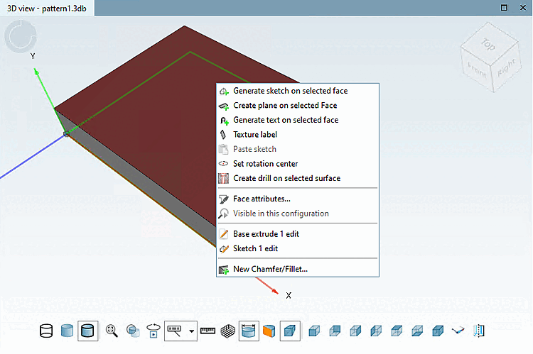 Dockingfenster "3D-Ansicht [3D view]" Kontextmenü auf einem Bauteil mit gerader Fläche