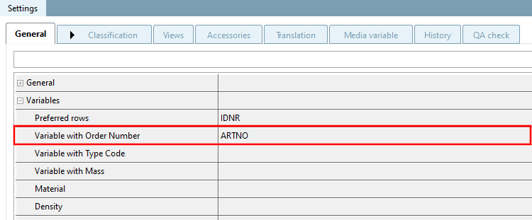 Projekt bearbeiten [Edit project] -> Registerseite Allgemein [General] -> Menüpunkt Allgemein [General] -> Variablen [Variables] -> Variable mit Bestellnummer [Variable with order number]