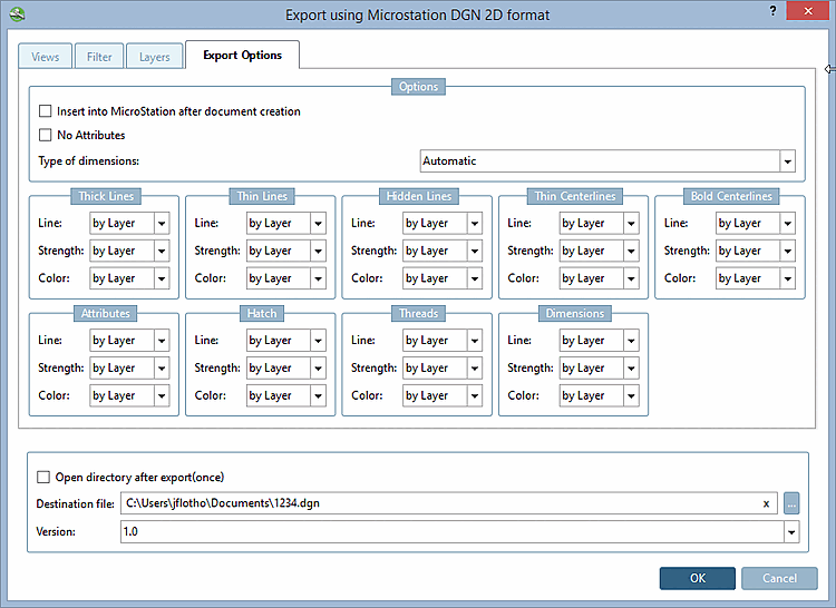 Registerseite "Exportoptionen [Export options]" - Microstation DGN 2D