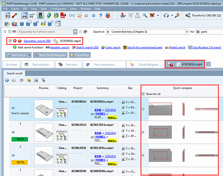 Liste der Suchergebnisse -> Spalte "Schnellvergleich [Quick compare]"