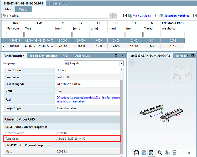 Beispielprojekt mit Typenschlüssel ohne Wertebereiche (gelbe Felder)