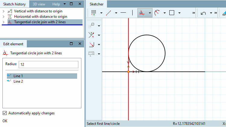 Kreis tangential an 2 Elemente (Kreis/Linie/Bogen) [Create circle tangent to 2 elements (circle/line/arc)]