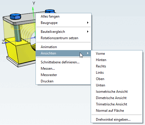 Kontextmenü: Baugruppe [Assembly] - 3D-Ansicht [3D view] - Untermenü "Ansichten [Views]"