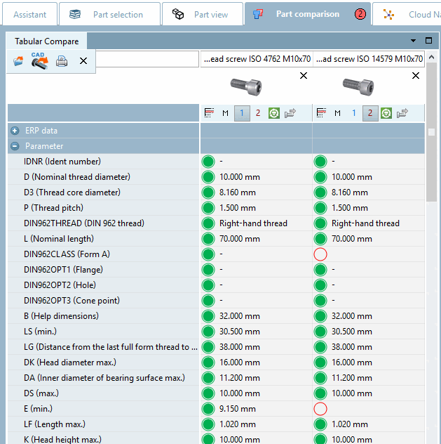 Dialogbereich "Tabellarischer Vergleich [Tabular Compare]"