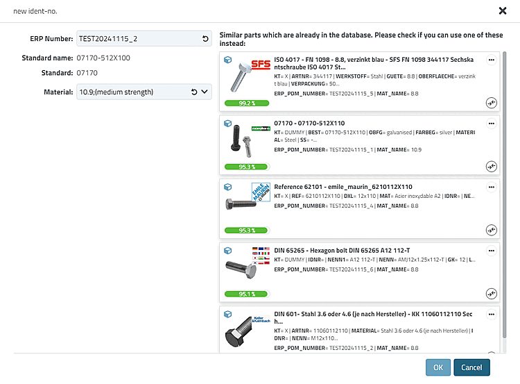 Ähnliche Teile, die sich bereits in der Datenbank befinden. Bitte prüfen Sie, ob Sie stattdessen eines dieser Teile verwenden können [Similar parts which are already in the database. Please check if you can use one of these instead]