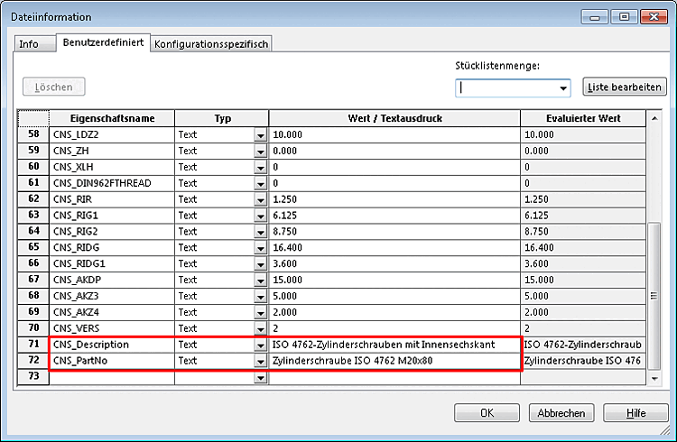 Dialogfenster "Dateiinformation" -> Registerseite "Benutzerdefiniert"