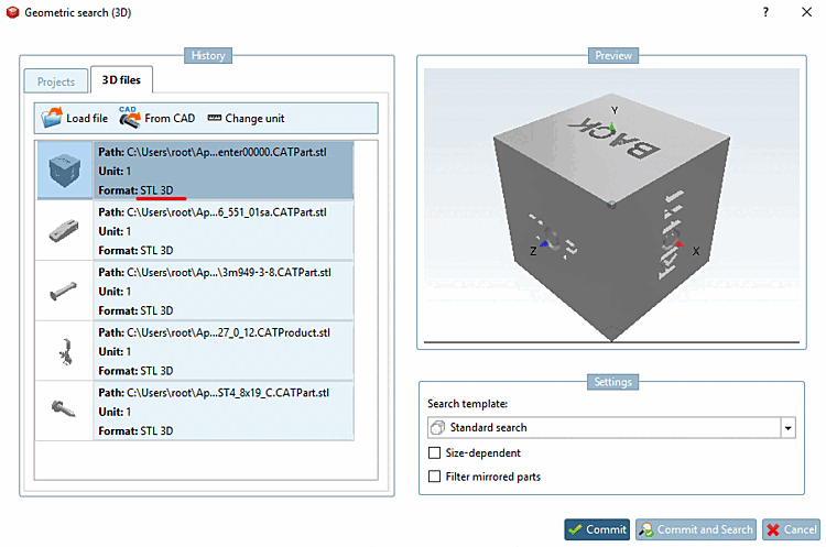 Geometrische Suche(3D) [Geometric Search (3D)] -> Registerseite 3D-Dateien [3D files]