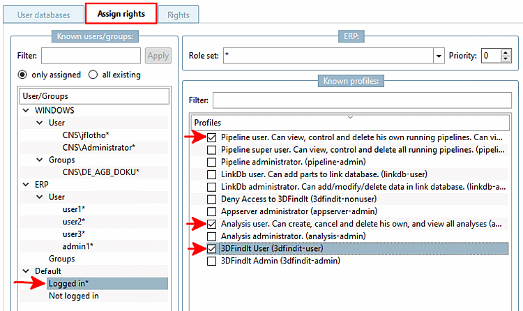 "Rechtezuordnung [Assign rights]" Registerseite (nur zugewiesene [only assigned])